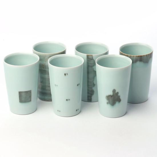 Set of six celadon beakers
